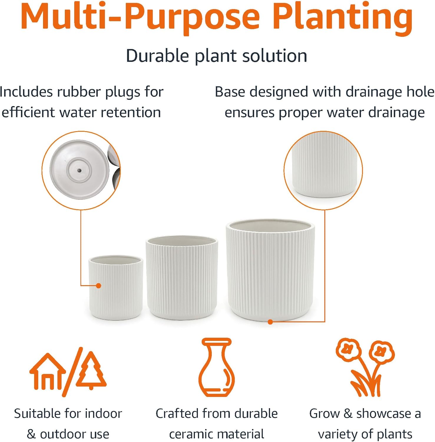 Basics Assorted Sizes Fluted Ceramic Round Indoor Outdoor Planters with Drainage, Set of 3, Modern Design, 6 inch, 8 inch, 10 inch, White MissFlowery