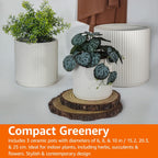 Basics Assorted Sizes Fluted Ceramic Round Indoor Outdoor Planters with Drainage, Set of 3, Modern Design, 6 inch, 8 inch, 10 inch, White MissFlowery