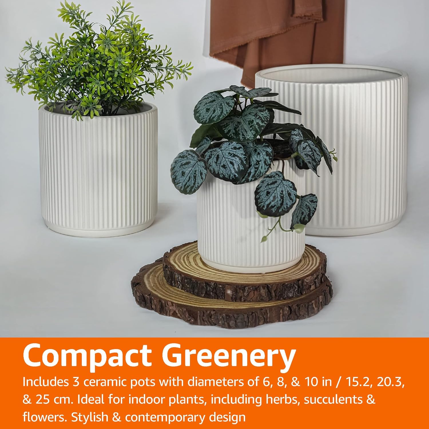 Basics Assorted Sizes Fluted Ceramic Round Indoor Outdoor Planters with Drainage, Set of 3, Modern Design, 6 inch, 8 inch, 10 inch, White MissFlowery