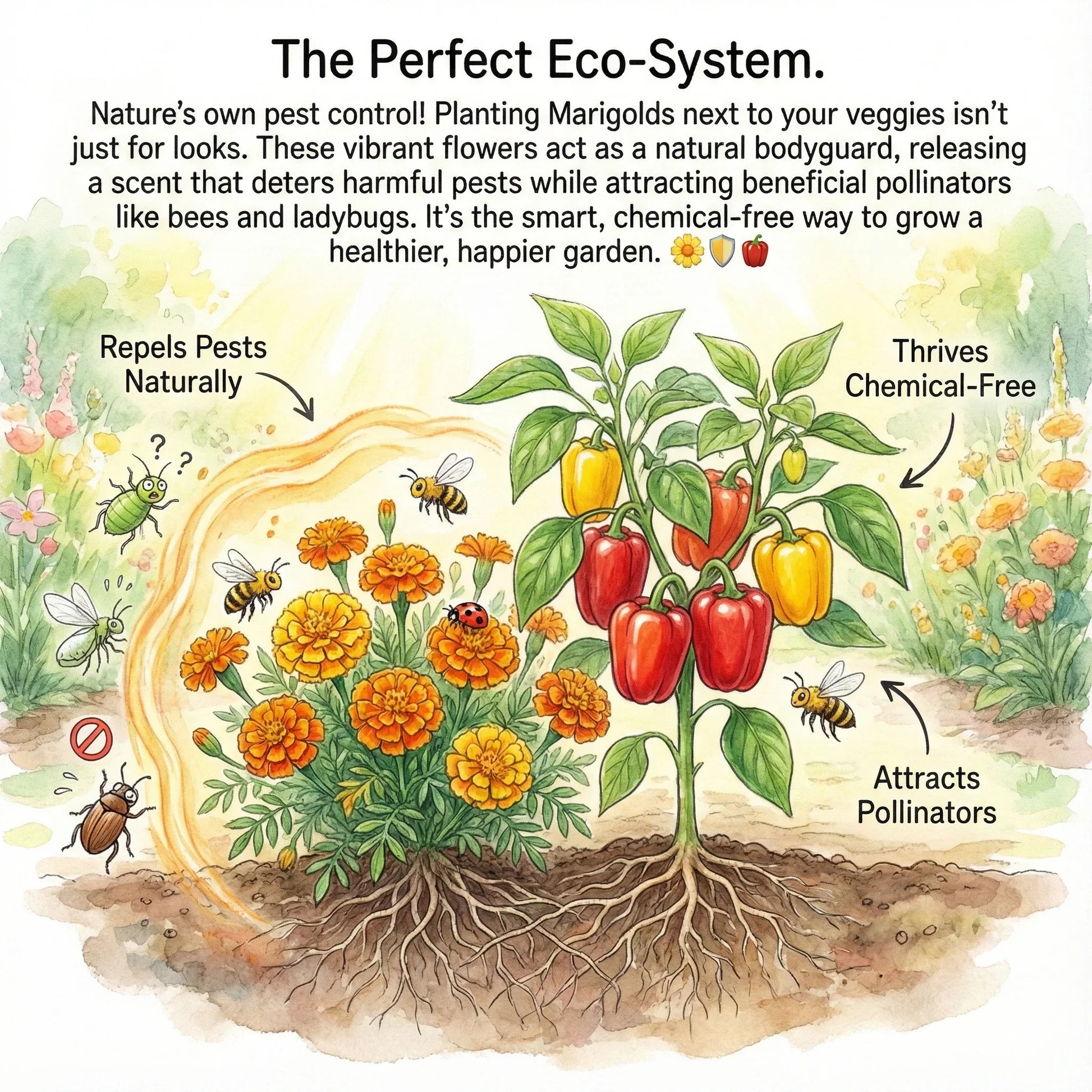 Illustration of marigold flowers repelling pests and attracting pollinators beside bell pepper plant in eco-friendly garden.