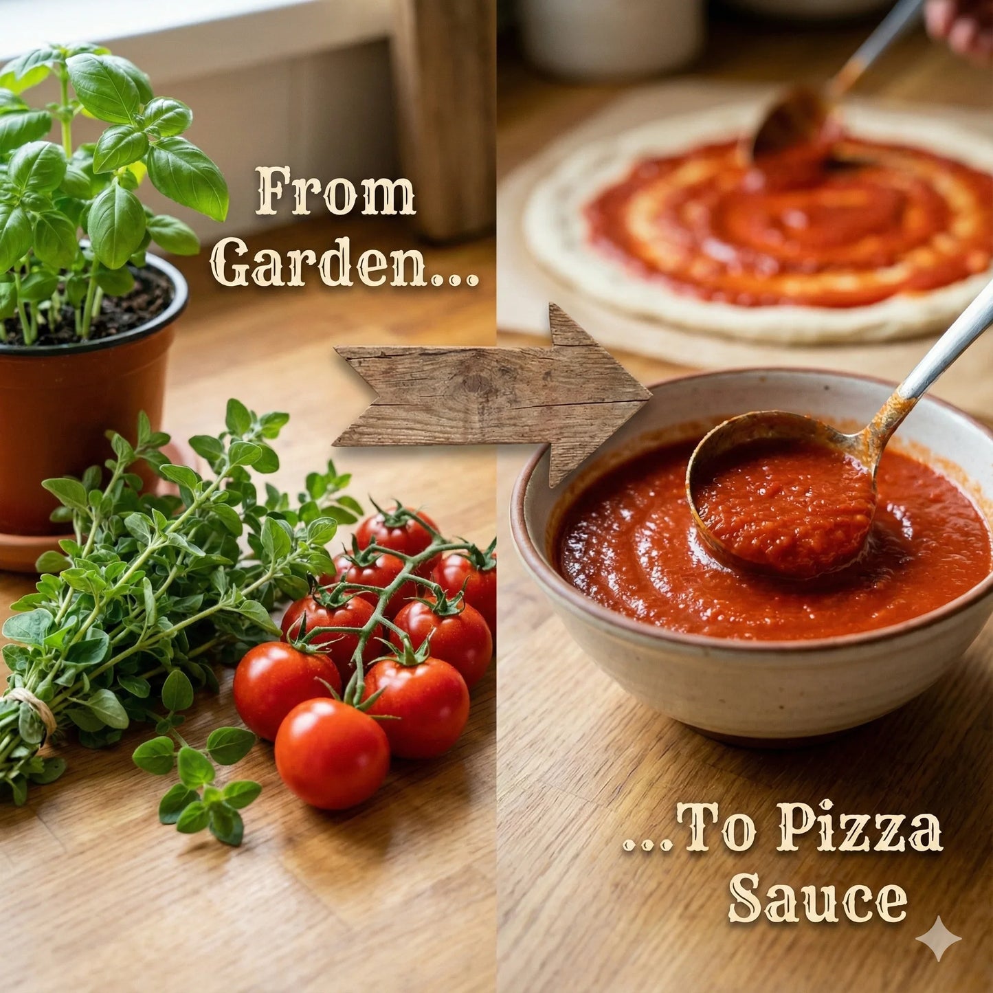 Fresh basil, oregano, and tomatoes with homemade pizza sauce, promoting Miss Flowery garden-to-table supplies.