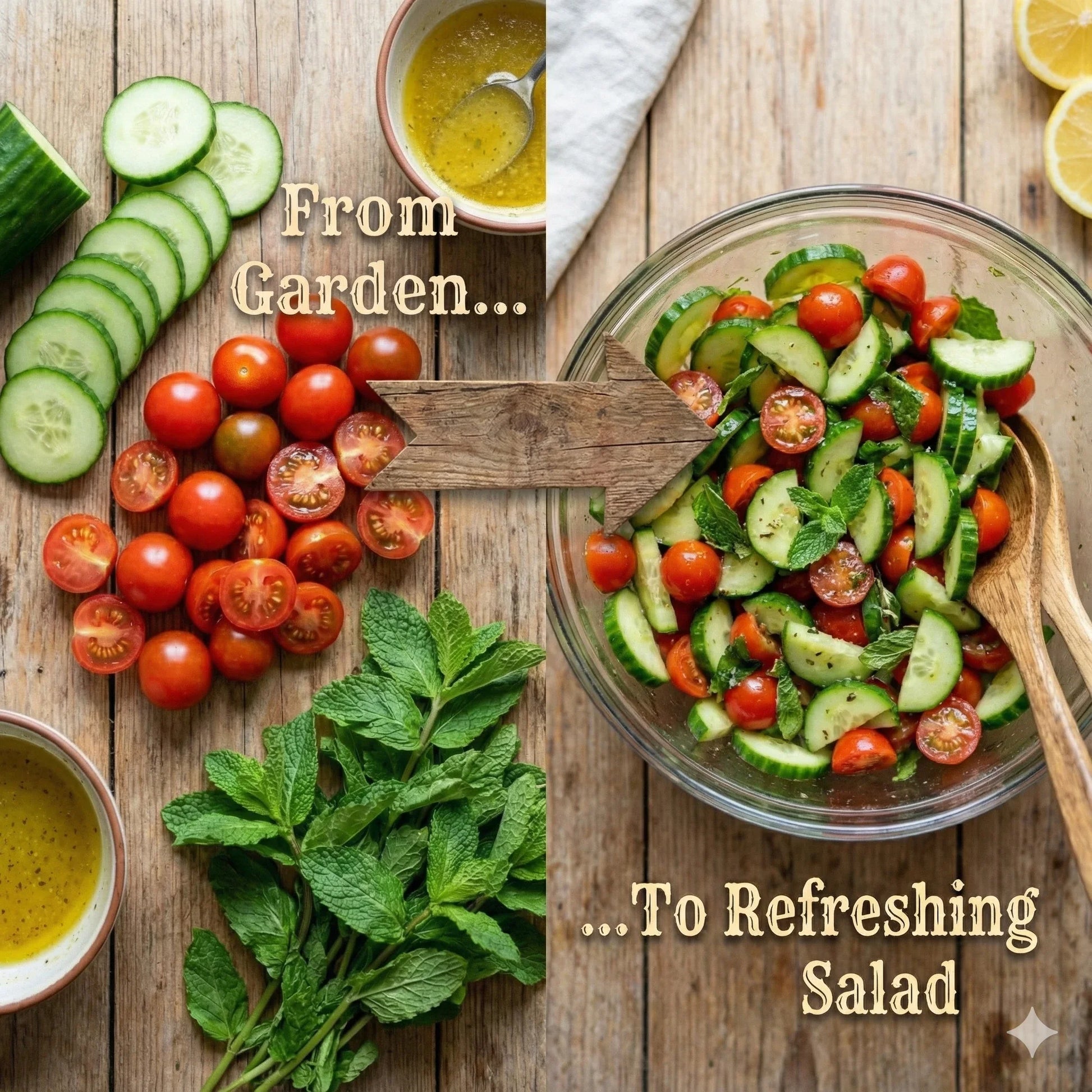 Fresh cucumbers, cherry tomatoes, and mint from garden turned into vibrant salad with dressing