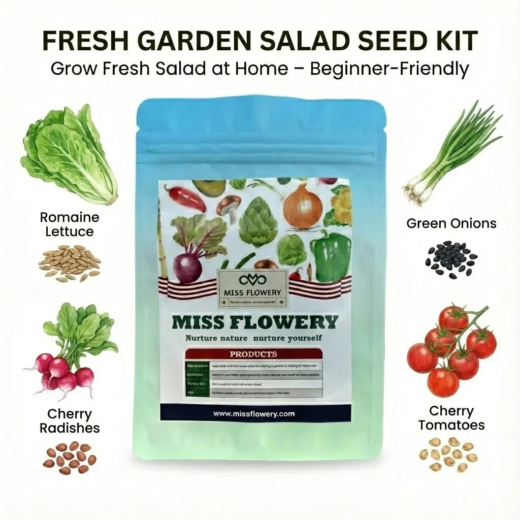 Miss Flowery fresh garden salad seed kit with romaine lettuce, green onions, cherry radishes, cherry tomatoes.