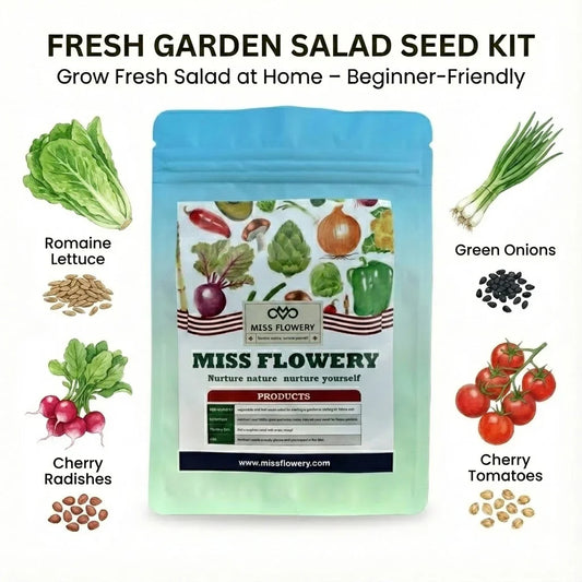 Miss Flowery fresh garden salad seed kit with romaine lettuce, green onions, cherry radishes, cherry tomatoes.
