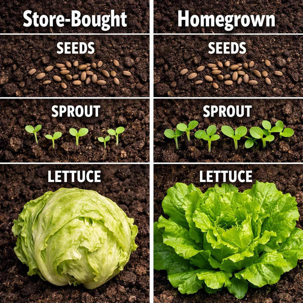 Lettuce growth comparison: store-bought vs homegrown seeds, sprouts, and mature lettuce. Miss Flowery gardening.
