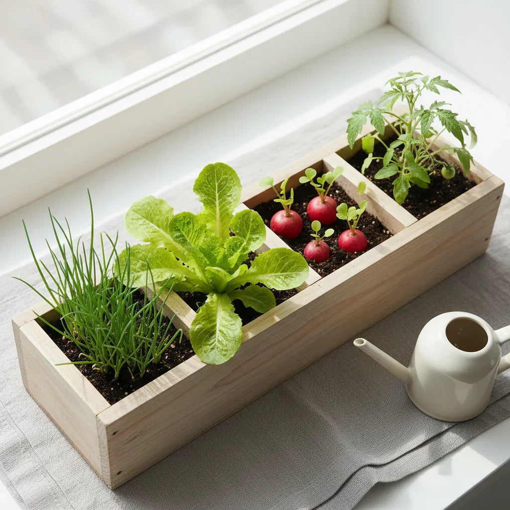 Beginner-friendly indoor vegetable garden kit with green herbs and radishes in a wooden planter