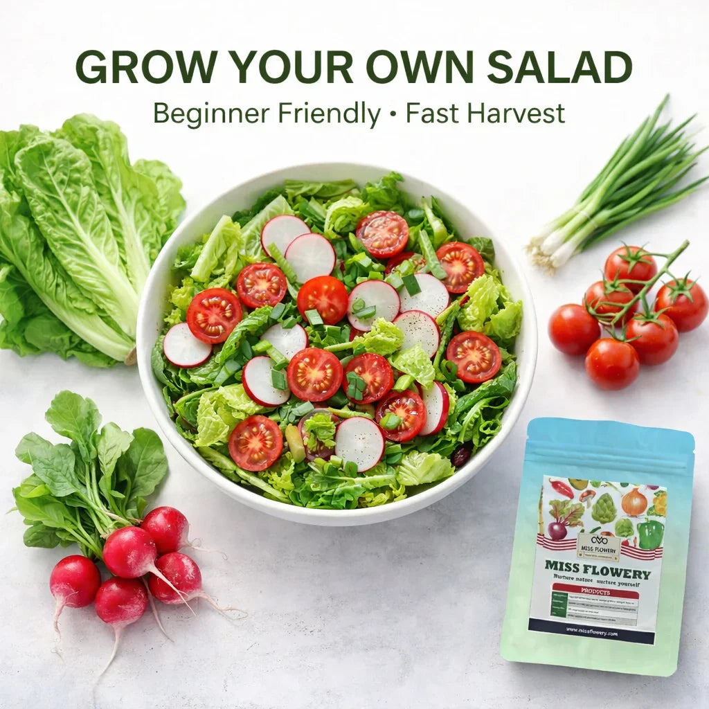 Fresh garden salad with radish, cherry tomatoes, and spring onion beside Miss Flowery seed packet